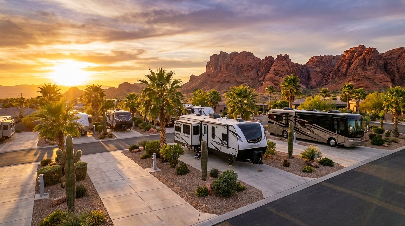 A well-kept Nevada RV park at golden hour with red rock desert mountains behind it